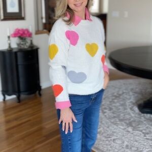 COLORFUL HEART PATTERN FUZZY KNIT SWEATER
